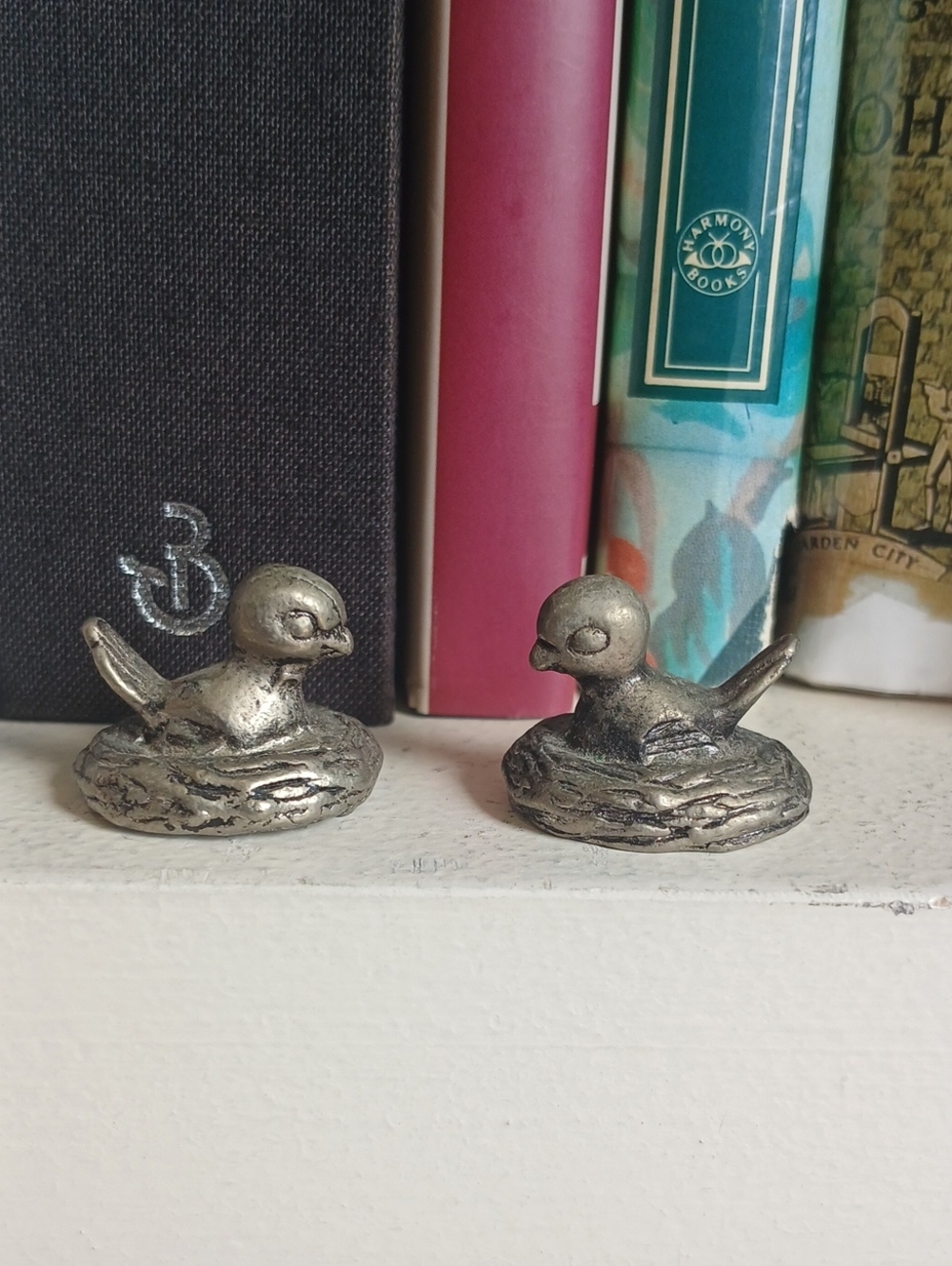 Vintage Pair of Small Pewter Bird in Nest Figurines